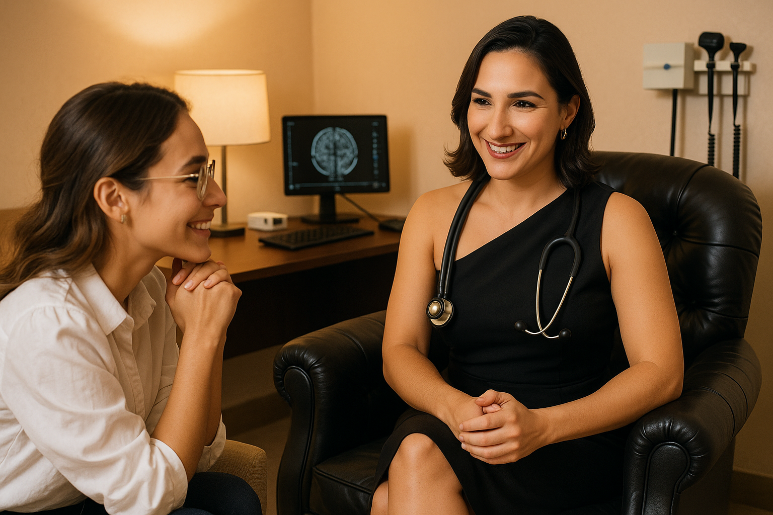 Dra Paula Zago atendendo paciente no consultório